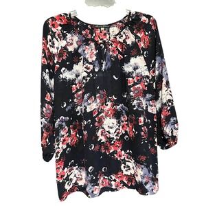 Rose Olive Women Dark Floral Print Keyhole Neck 3/4 Sleeve Top Size L Whimsigoth